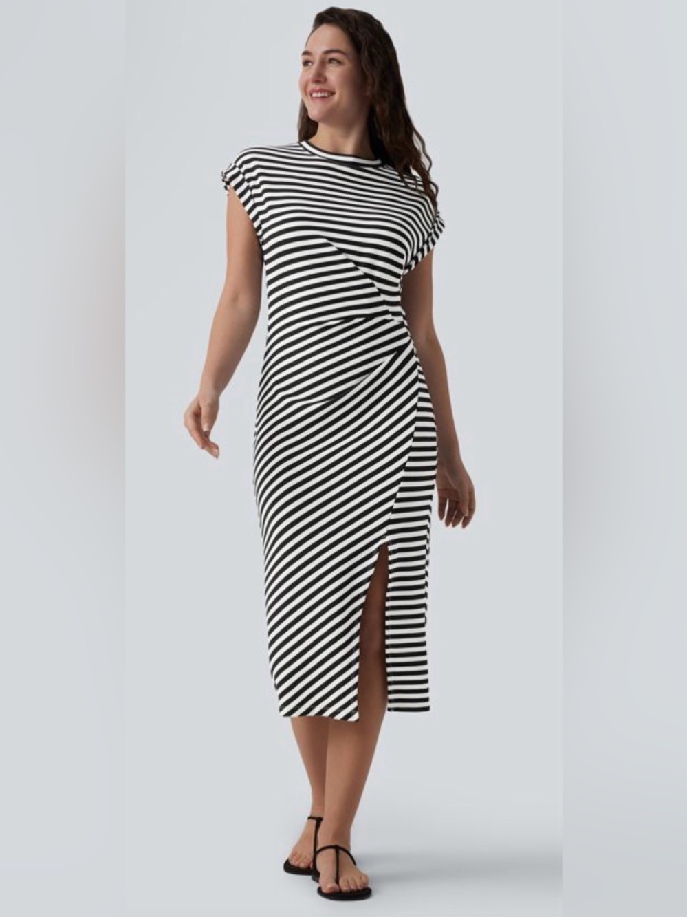 Halara Asymmetrical Split Hem Stripes Waffle Casual Midi Dress sz XL